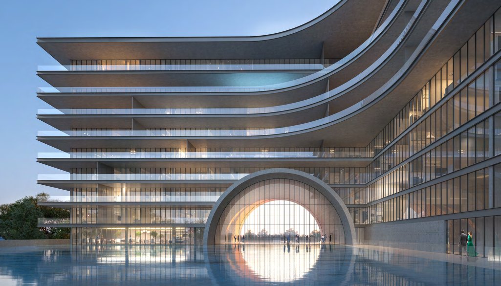 Layered curved balconies and a glowing arch reflected in a pool