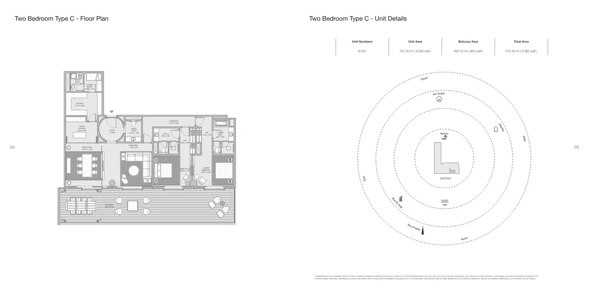 Floor plans: 2 bedrooms, with maid's room and guest bathroom